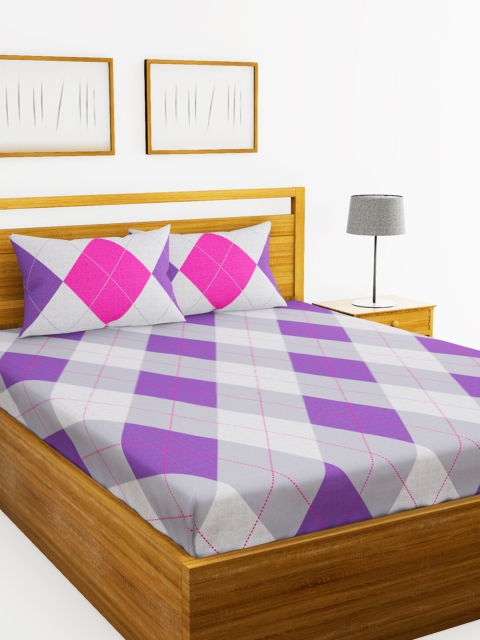 

BIANCA Purple & Grey Geometric 144 TC Pure Cotton Queen Bedsheet with 2 Pillow Covers