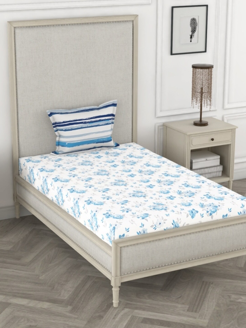 

BIANCA Blue & White Floral 144 TC Pure Cotton Single Bedsheet with 1 Pillow Cover