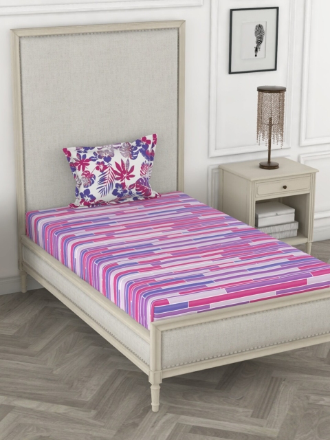 

BIANCA Purple & White Striped 144 TC Pure Cotton Single Bedsheet with 1 Pillow Cover