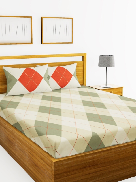 

BIANCA Green & White Geometric 144 TC Pure Cotton Queen Bedsheet with 2 Pillow Covers