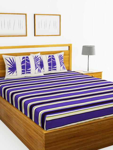 

BIANCA Purple & Beige Striped 144 TC Pure Cotton Queen Bedsheet with 2 Pillow Covers