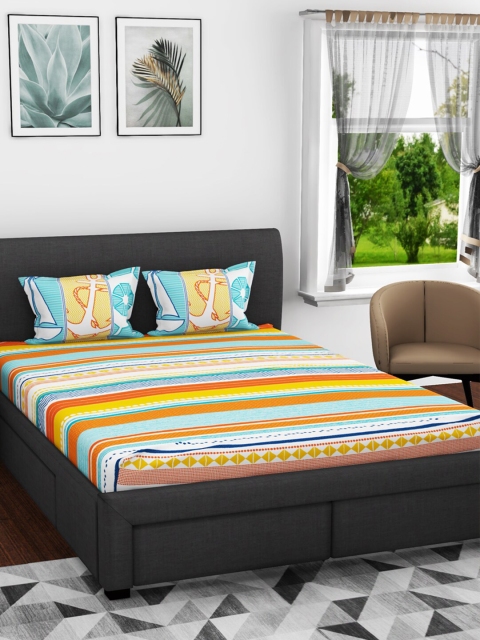 

BIANCA Yellow & Blue Striped 144 TC Pure Cotton Queen Bedsheet with 2 Pillow Covers