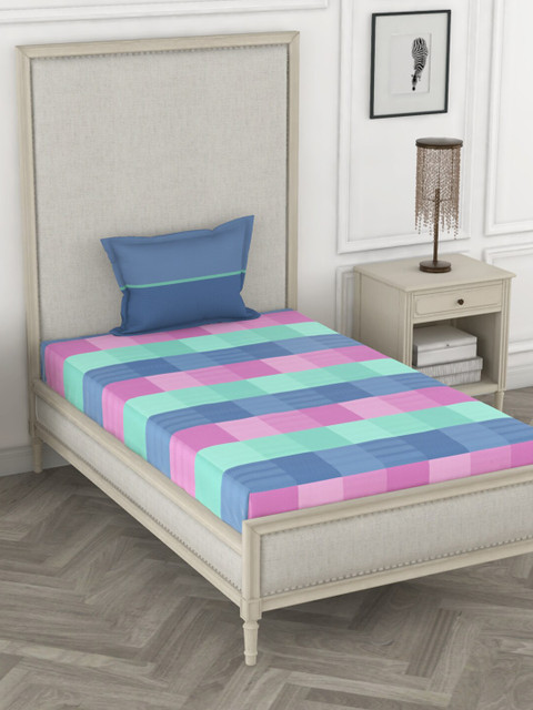 

BIANCA Blue & Pink Pure Cotton Geometric 144 TC Single Bedsheet with 1 Pillow Covers