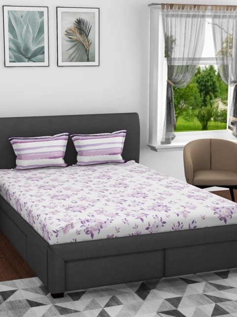 

BIANCA Purple & White Floral 144 TC Pure Cotton Queen Bedsheet with 2 Pillow Covers