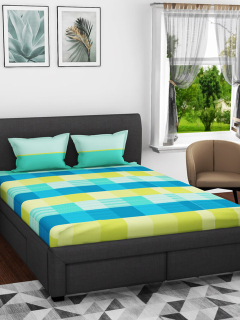 

BIANCA Green & Blue Pure Cotton Geometric 144 TC Queen Bedsheet with 2 Pillow Covers