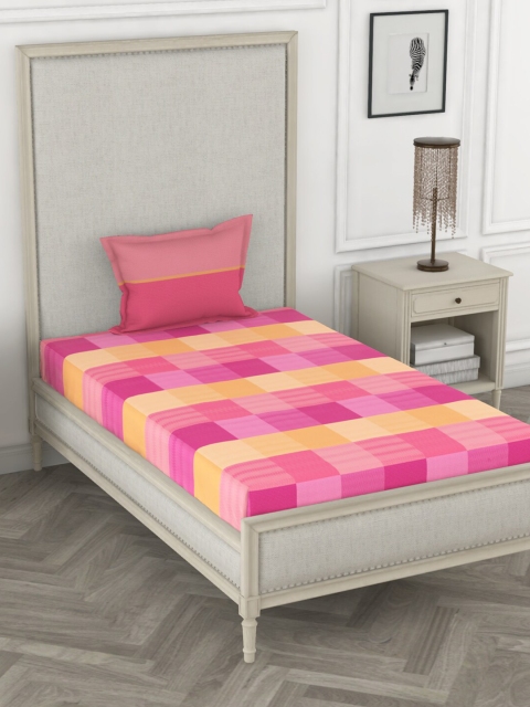 

BIANCA Pink & Orange Geometric 144 TC Pure Cotton Single Bedsheet with 1 Pillow Covers