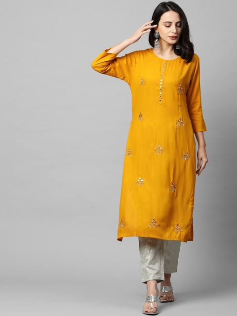 

FASHOR Women Mustard Yellow Ethnic Motifs Embroidered Mirror Work Kurta