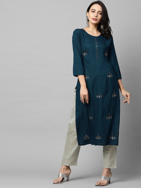 

FASHOR Women Teal & Gold Ethnic Motifs Embroidered Mirror Work Kurta