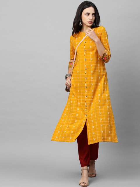 

FASHOR Women Mustard Yellow & White Ethnic Motifs Checked Thread Work Kurta