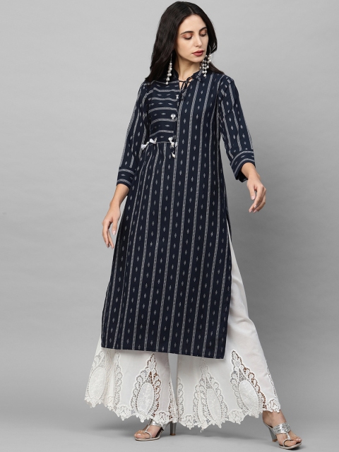 

FASHOR Women Navy Blue & White Striped Thread Work Kurta