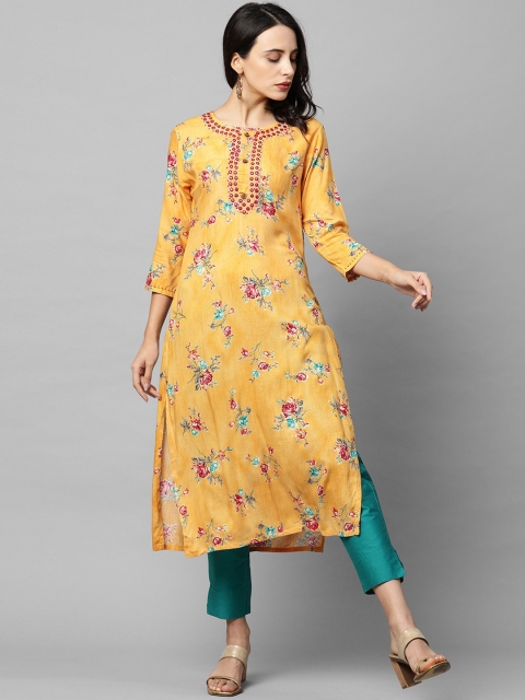 

FASHOR Women Mustard Yellow & Red Floral Striped Mirror Work Kurta