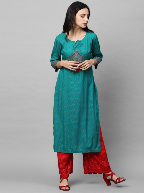 

FASHOR Women Blue & Red Ethnic Motifs Printed Thread Work Kurta
