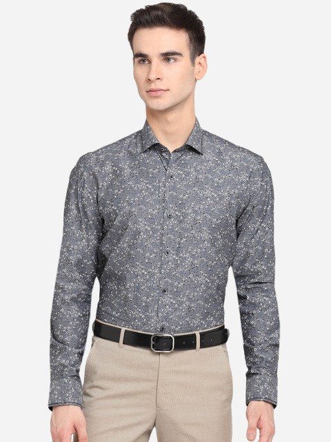 

JB STUDIO Men Grey Pure Cotton Slim Fit Floral Opaque Printed Party Wear Shirt