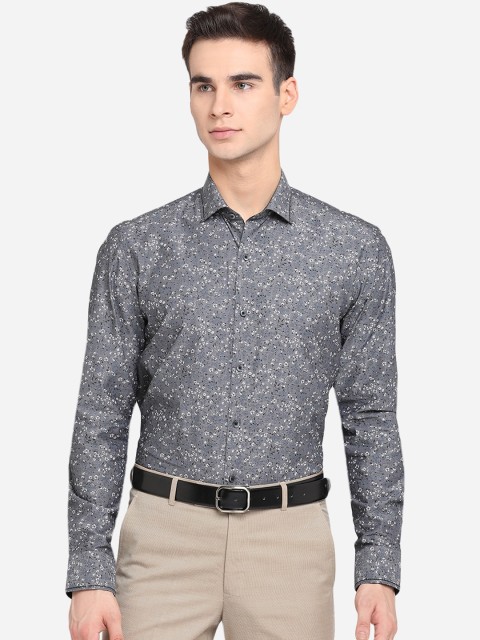 

JB STUDIO Men Grey Pure Cotton Slim Fit Floral Opaque Printed Party Wear Shirt