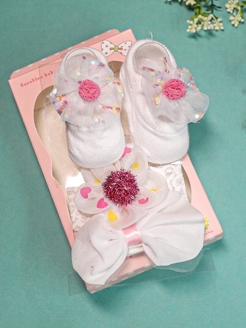 

FEETWELL SHOES Girls White Booties & Headband