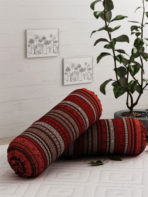 

Salona Bichona Set Of 2 Maroon & Beige Printed 120 TC Pure Cotton Bolster Covers