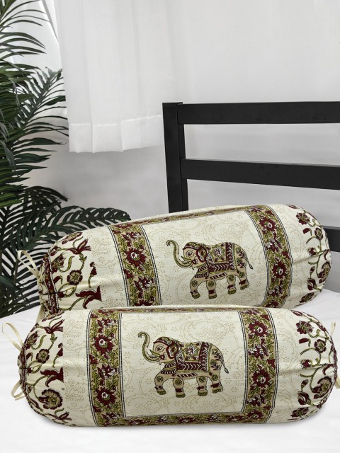 

Salona Bichona Set Of 2 Cream-Coloured & Maroon Printed 120 TC Pure Cotton Bolster Covers