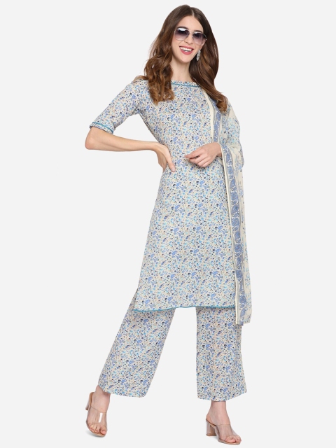 

SHAVYA Beige & Turquoise Blue Printed Pure Cotton Unstitched Dress Material