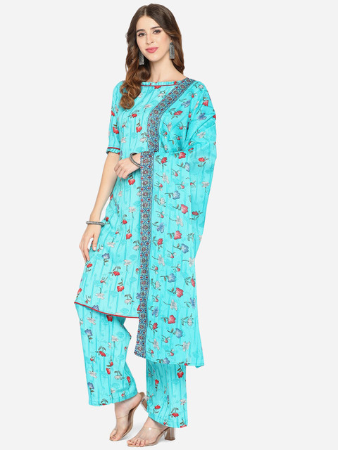 

SHAVYA Turquoise Blue & Red Printed Pure Cotton Unstitched Dress Material