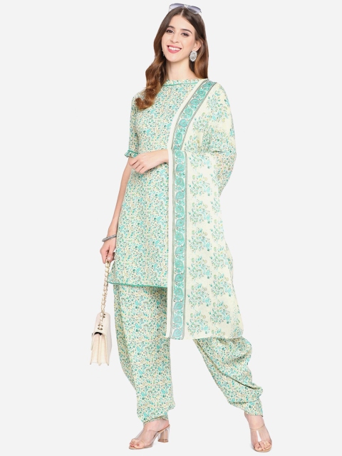 

SHAVYA Cream-Coloured & Teal Printed Pure Cotton Unstitched Dress Material