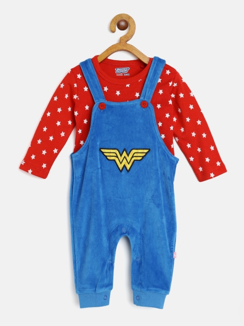 

Moms Love Infant Girls Red & Blue Printed Pure Cotton Tee & Wonder Woman Logo Dungarees