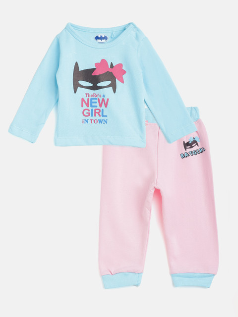 

Moms Love Infant Girls Blue & Pink Pure Cotton Batgirl Printed T-shirt with Joggers