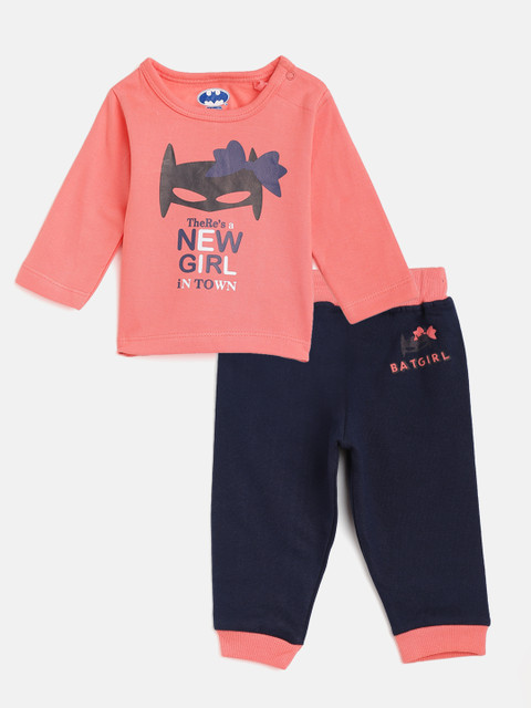 

Moms Love Infant Girls Coral Orange & Navy Blue Cotton Batgirl Print T-shirt with Joggers
