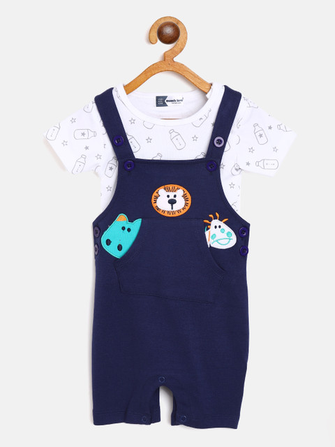 

Moms Love Infant Boys Navy Blue & White Pure Cotton Printed T-shirt with Dungarees