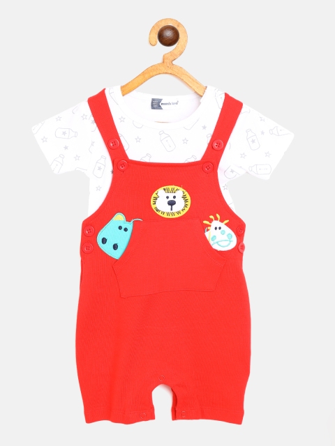 

Moms Love Infant Boys Red & White Pure Cotton Printed T-shirt with Dungarees