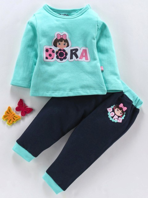 

Moms Love Infant Girls Sea Green & Navy Blue Pure Cotton Dora Printed T-shirt with Joggers