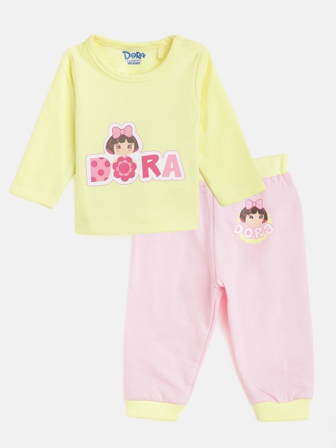 

Moms Love Infant Girls Yellow & Pink Pure Cotton Dora Printed T-shirt with Joggers