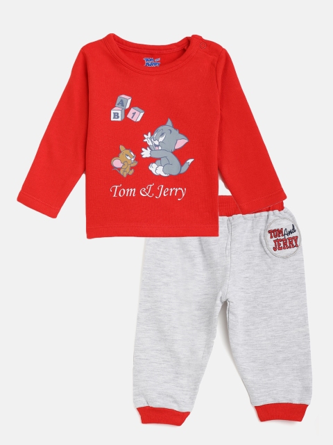 

Moms Love Infant Boys Red & Grey Melange Cotton Tom & Jerry Print T-shirt with Joggers