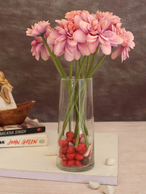 

TIED RIBBONS Pink & Green Artificial Flower Bunch with Glass Pot
