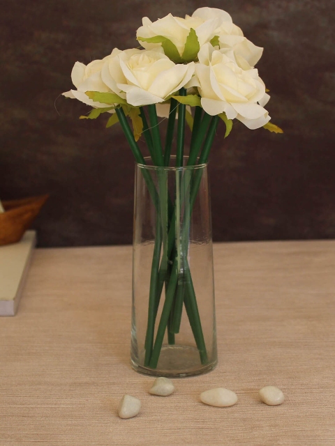 

TIED RIBBONS Set of 8 White & Green Silk Artificial Rose Flowers Sticks With Vase