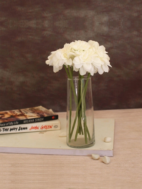 

TIED RIBBONS Set Of 9 White & Green Silk Artificial Flowers Sticks With Glass Vase