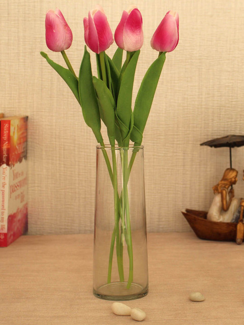 

TIED RIBBONS Set of 5 Pink & Green Artificial Tulip Flower Sticks With Glass Vase