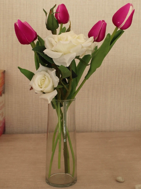 

TIED RIBBONS Pink & Off-White Artificial Tulip & Rose Flower Sticks With Glass Vase