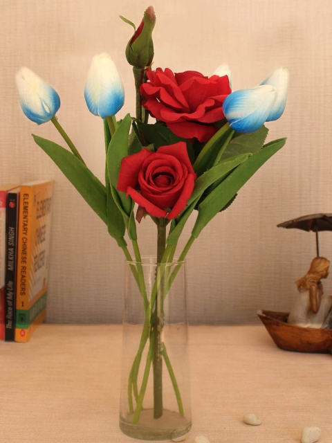 

TIED RIBBONS White & Red Artificial Tulip & Rose Flower Sticks With Vase