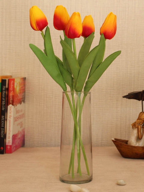 

TIED RIBBONS Set of 5 Yellow & Orange Artificial Tulip Flower Sticks With Glass Vase