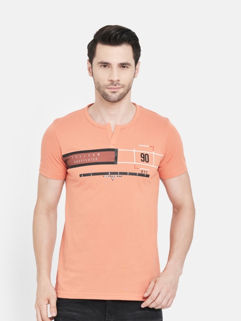 

Duke Men Orange Printed Henley Neck Slim Fit T-shirt
