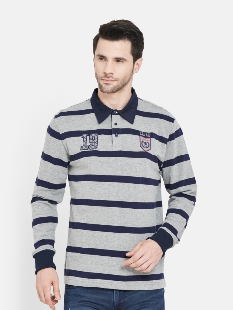 

Duke Men Grey & Navy Blue Striped Polo Collar Slim Fit T-shirt