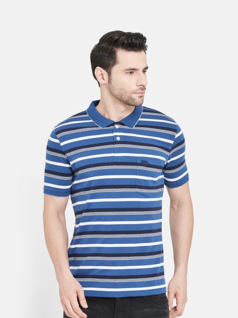 

Duke Men Blue & White Striped Polo Collar Pockets T-shirt