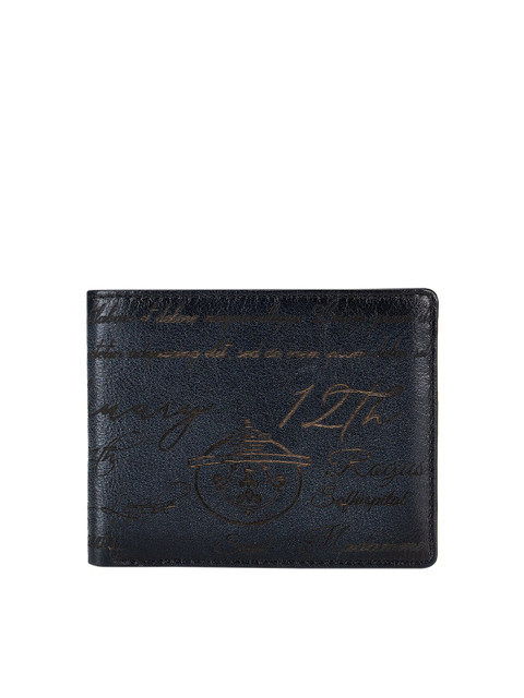 

Da Milano Men Blue Textured Typography Two Fold Leather Wallet