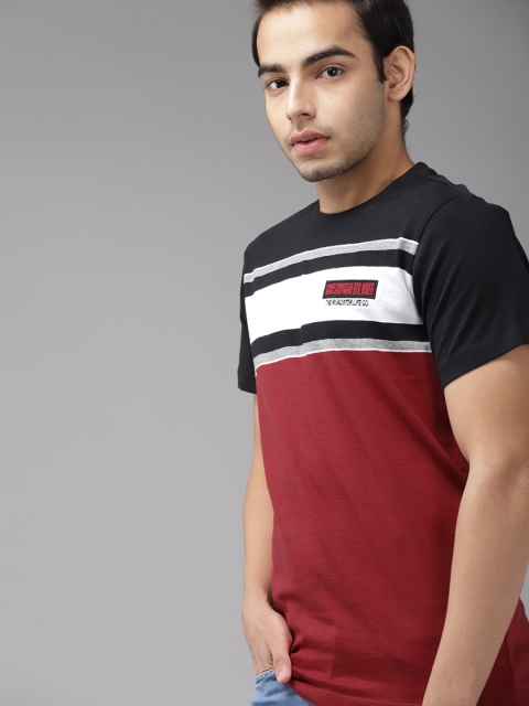 

UTH by Roadster Boys Maroon & Black Cotton Striped Applique T-shirt