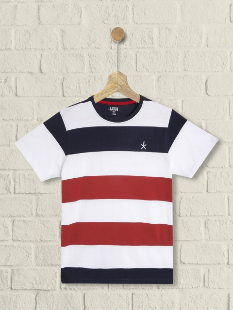 

UTH by Roadster Boys White & Navy Blue Cotton Striped T-shirt