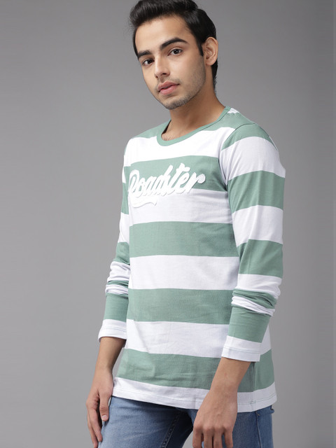 

UTH by Roadster Boys White & Sea Green Pure Cotton Striped T-shirt