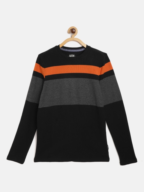 

UTH by Roadster Boys Black & Charcoal Grey Cotton Striped T-shirt