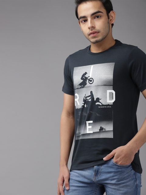 

UTH by Roadster Boys Navy Blue & Grey Cotton Biker Printed T-shirt