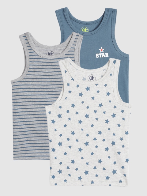 

YK Boys Pack of 3 Pure Cotton Printed Innerwear Vests, Grey melange