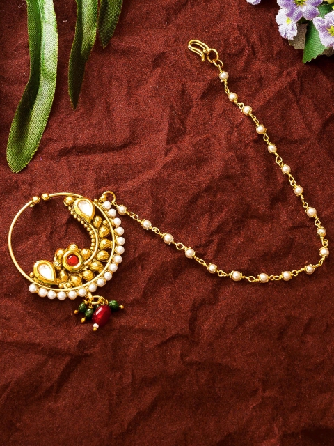 

aadita Gold-Plated White & Pink AD-Studded & Beaded Nose Ring With Chain